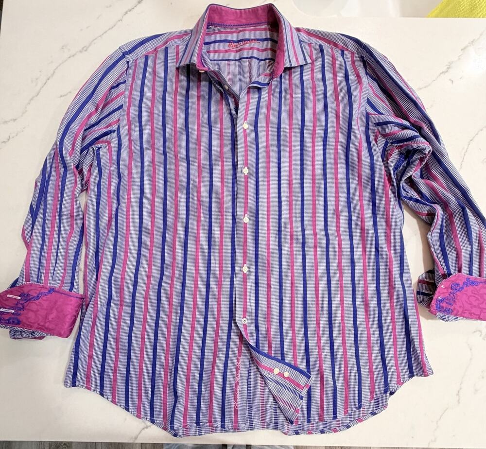 Robert Graham Mens 44 17.5 Pink Blue Stripe Button Down Contrast Collar Cuff